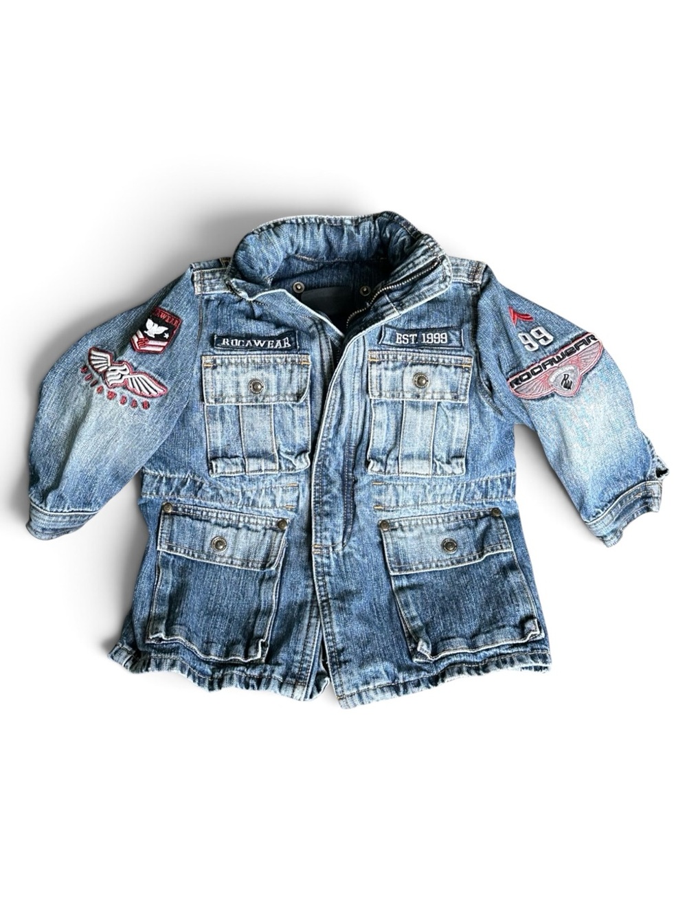 Vintage Rocawear Toddler Jean Jacket Patches Hood Size 3T Jay Z 1990’s Hip Hop